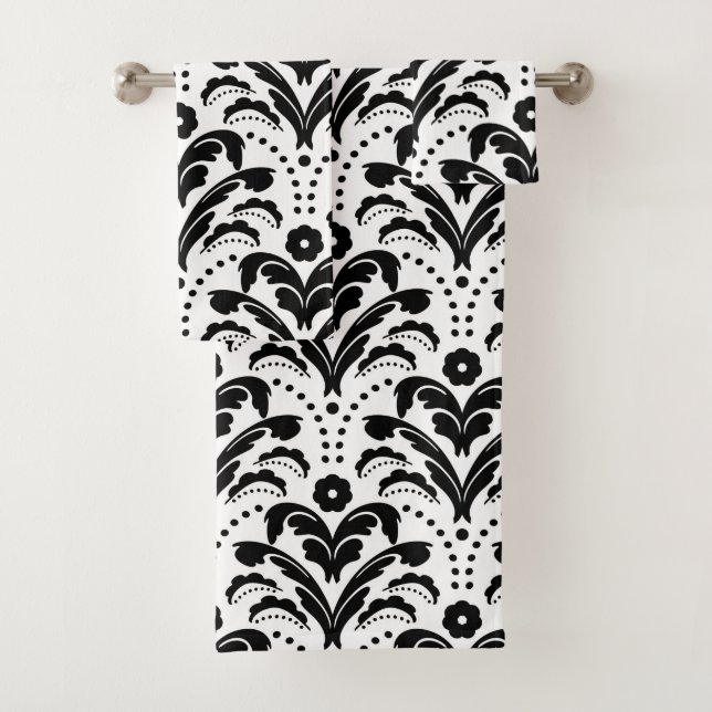 Black and White 1930s Damask Bath Towel Set (Insitu)