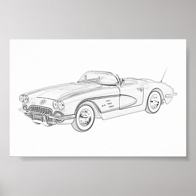 Black and White 1958 Chevy Corvette Illustration Poster (Front)