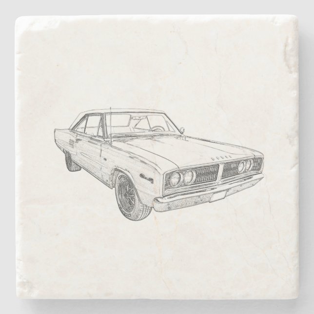 Black and White 1966 Dodge Coronet Drawing Stone Coaster (Front)