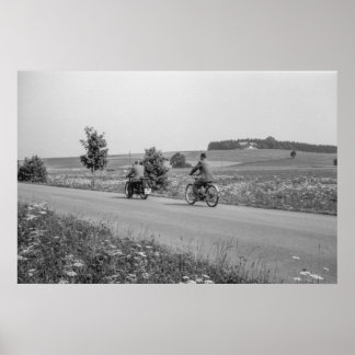 Black and White 1968 Motorcycle Towing Bicycle Poster