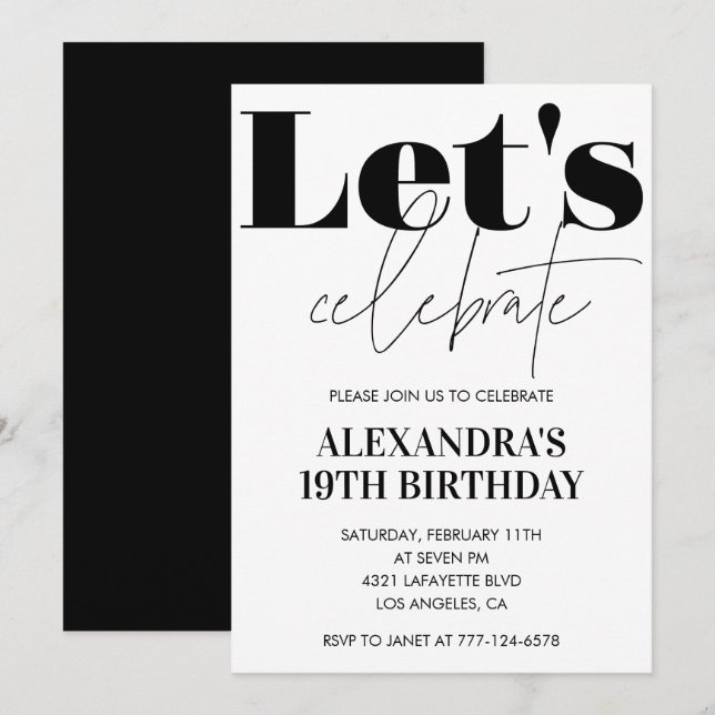 Black and White 19th birthday invitation Modern (Front/Back)