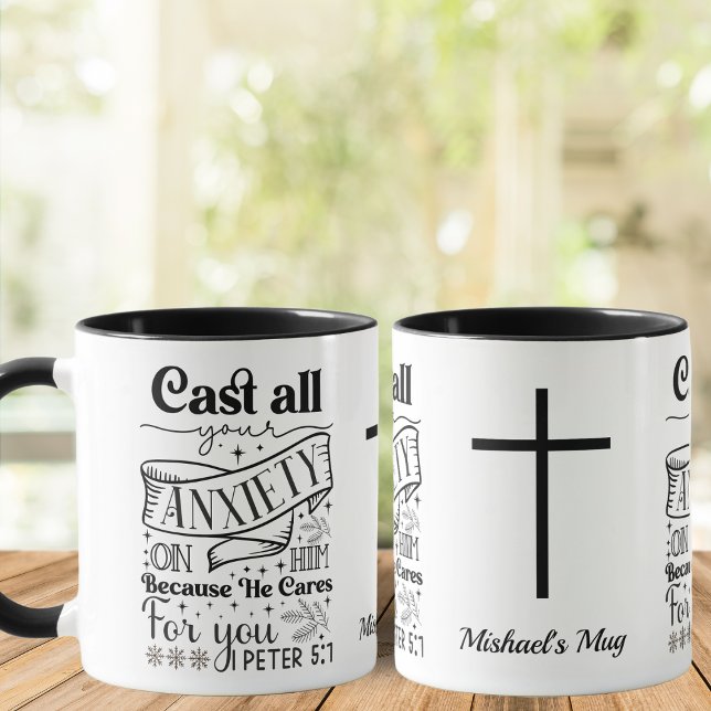 black and white, 1 Peter 5:7, Christian Mug (Creator Uploaded)