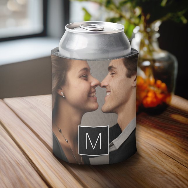 Black and White 1 Photo Collage Custom Monogram Can Cooler (Custom Can Cooler)