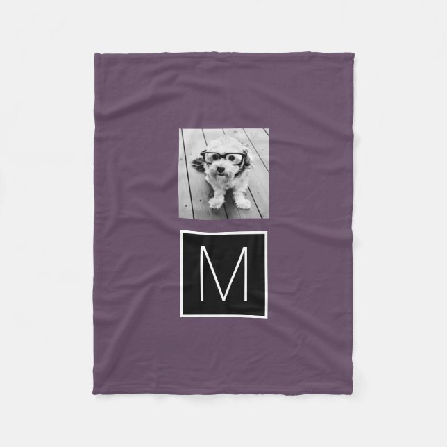 Black and White 1 Photo Collage Custom Monogram Fleece Blanket (Front)