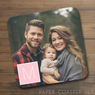 Black and White 1 Photo Collage Custom Monogram Square Paper Coaster