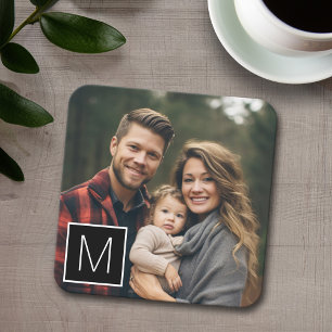Black and White 1 Photo Collage Single Monogram Square Paper Coaster