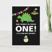 Black and white 1st Birthday Dinosaur Greeting