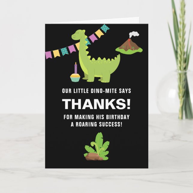 Black and white 1st Birthday Dinosaur themed Party Thank You Card (Front)