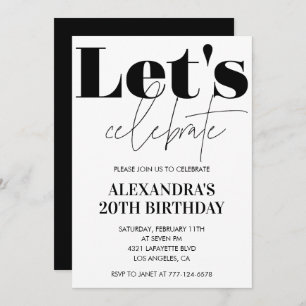 Black and White 20th birthday invitation Modern