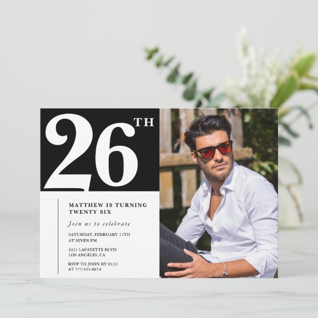 Black and White 26th birthday Invitations (Standing Front)