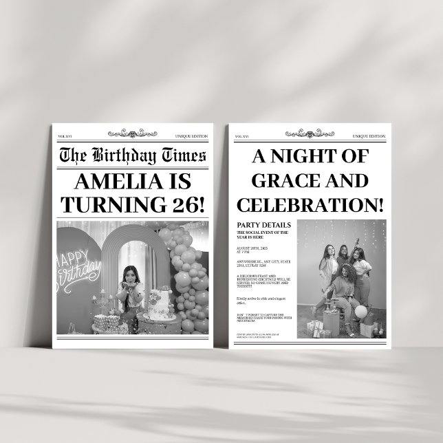 Black and white 26th Birthday Newspaper Photo Invitation (Creator Uploaded)