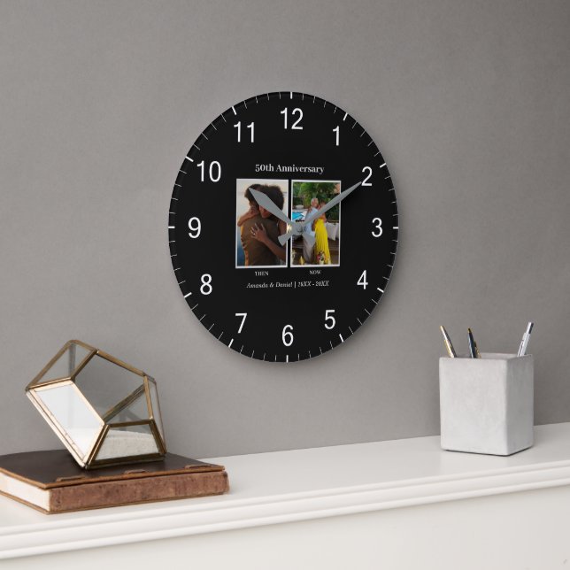 Black and White 2 Photo Collage Anniversary Large Clock (Office)