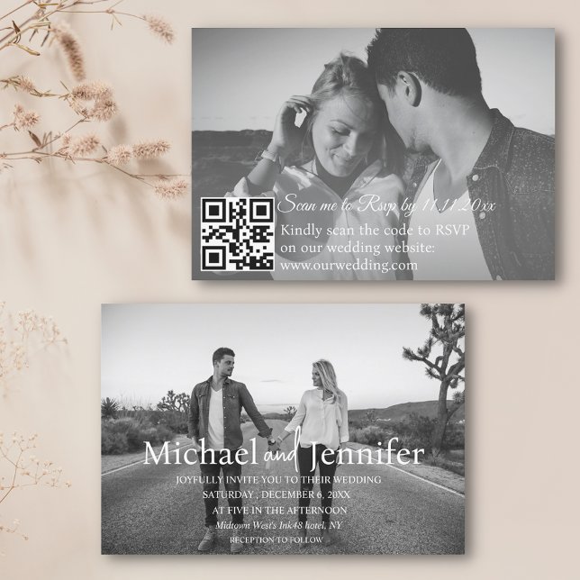 black and white 2 photos qr code rsvp wedding invitation (Creator Uploaded)