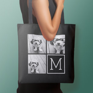 Black and White 3 Photo Collage Custom Monogram Tote Bag