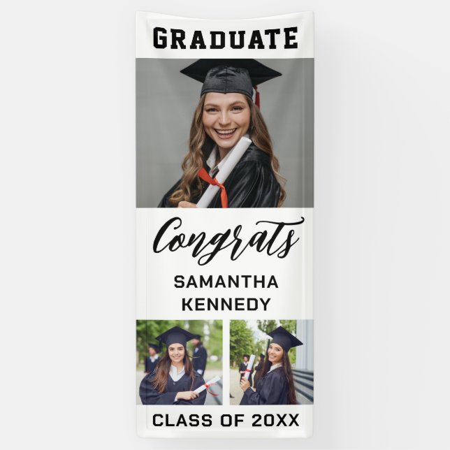 Black And White 3 Photo Vertical Graduation 2025 Banner (Vertical)