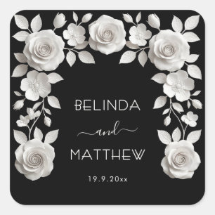 Black And White 3D Floral Roses   Wedding Square Sticker
