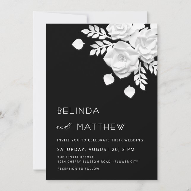 Black And White 3D Flowers Wedding  Invitation (Front)