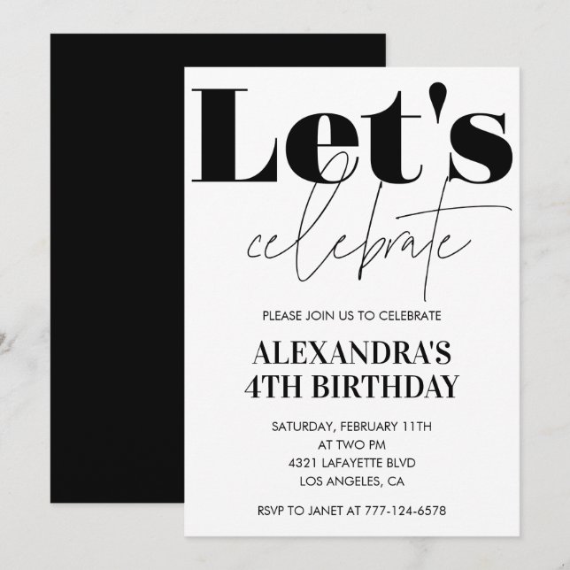 Black and White 4th birthday invitation Modern (Front/Back)