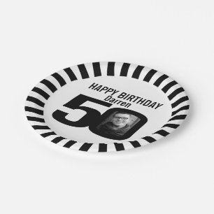 Black and white 50th birthday photo and stripes paper plate