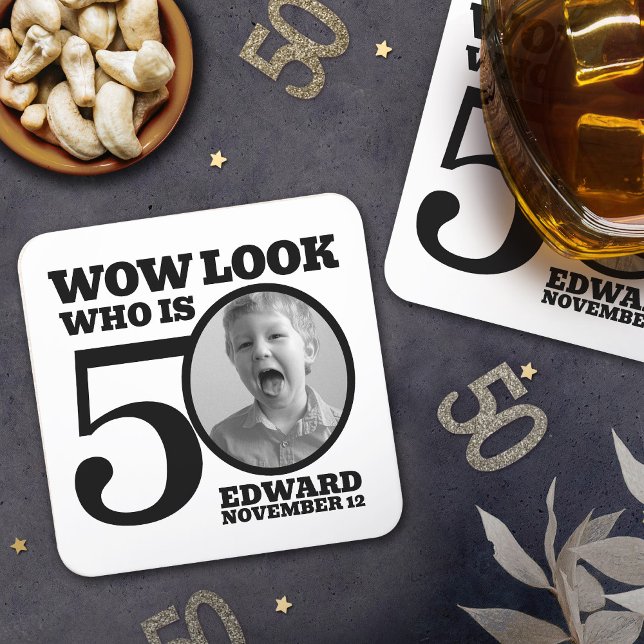 Black and white 50th birthday photo look who is  square paper coaster (Creator Uploaded)