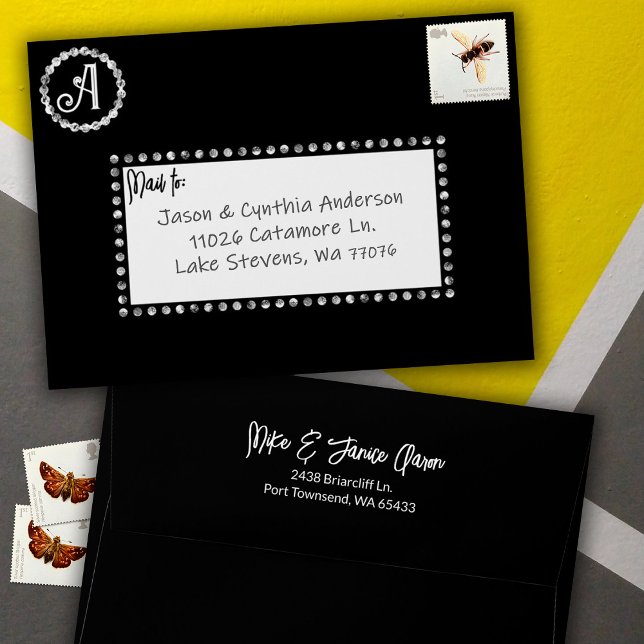 Black and White 5x7 Monogram Envelope (Unique black invitation envelope with return address pre-printed on the back flap, black polka dots)