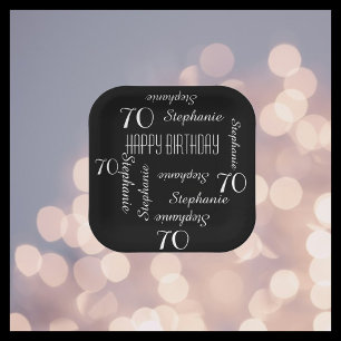 Black and White 70th Birthday Party Repeating Name Paper Plate