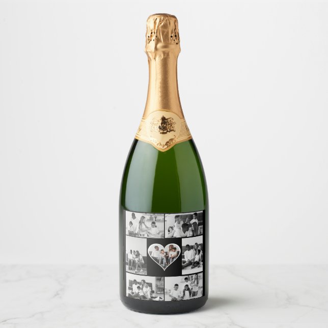 Black and White 7 Photo Collage Sparkling Wine Label (Front)