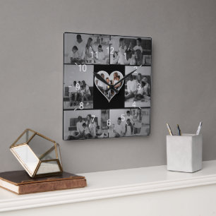 Black and White 7 Photo Collage Square Wall Clock