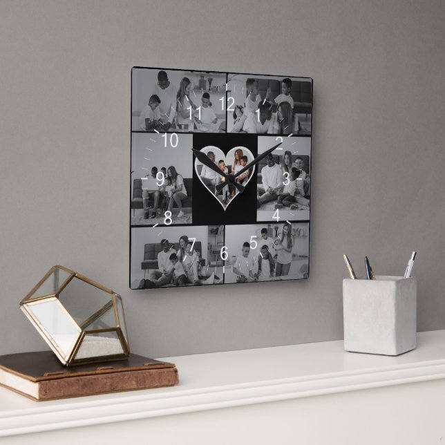 Black and White 7 Photo Collage Square Wall Clock (Office)