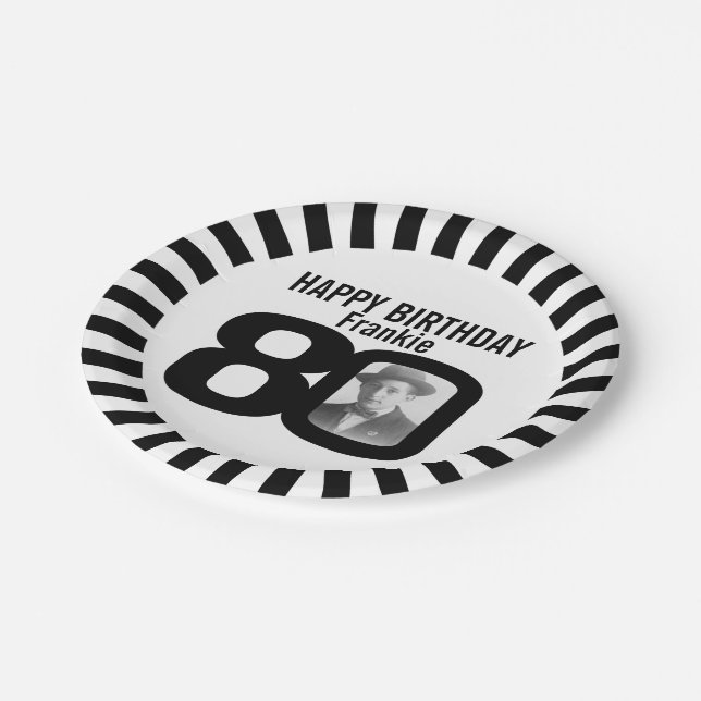 Black and white 80th birthday photo and stripes paper plate (Angled)