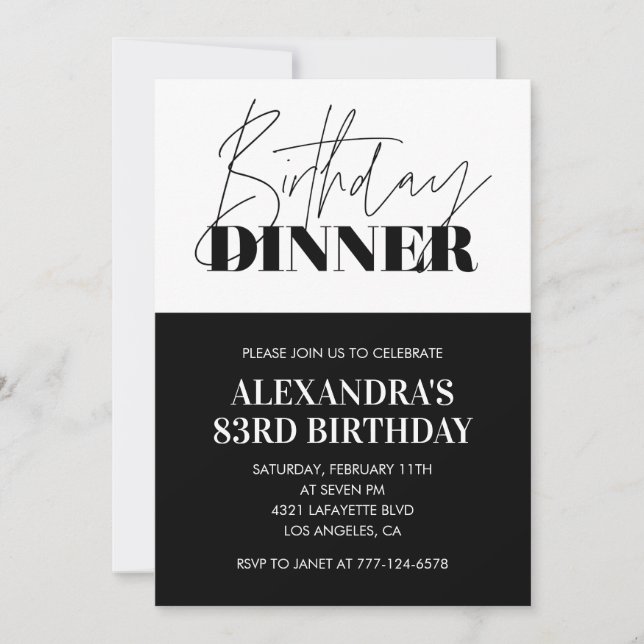 Black and white 83rd birthday invitations Dinner (Front)