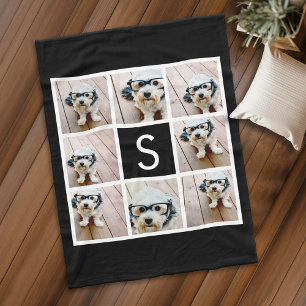 Black and White 8 Photo Collage Custom Monogram Fleece Blanket