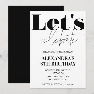 Black and White 8th birthday invitation Modern