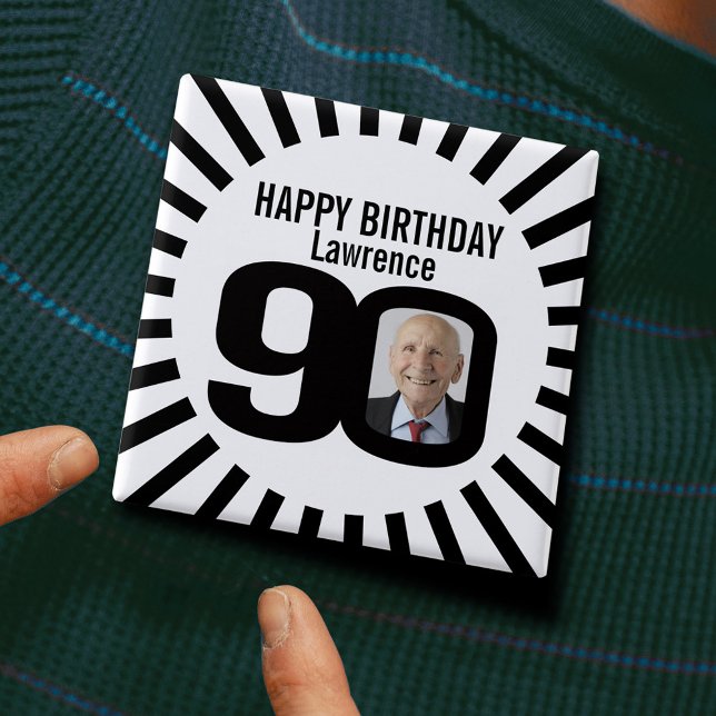 Black and white 90th birthday photo and stripes 15 cm square badge (Creator Uploaded)