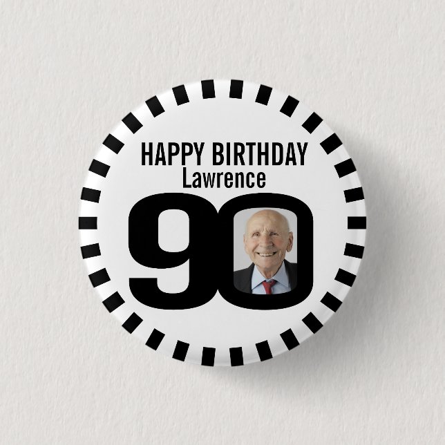 Black and white 90th birthday photo and stripes 3 cm round badge (Front)