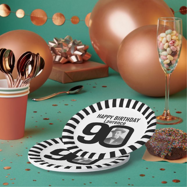 Black and white 90th birthday photo and stripes paper plate (Multi)