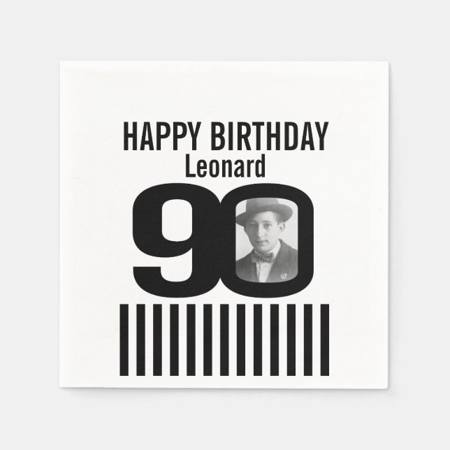 Black and white 90th birthday stripe photo napkins (Front)