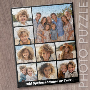 Black and White 9 Photo Collage Custom Monogram Jigsaw Puzzle