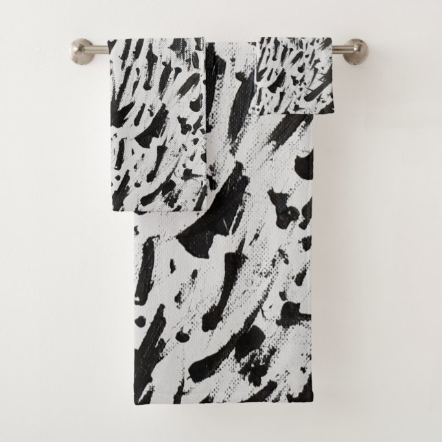 Black and White Abstract Brushstrokes Art Bath Towel Set (Insitu)