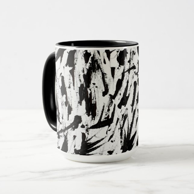 Black and White Abstract Brushstrokes Art Mug (Front Left)