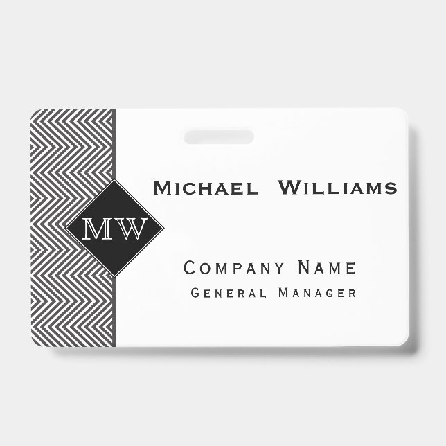 Black and White Abstract Chevron Pattern Monogram ID Badge (Front)