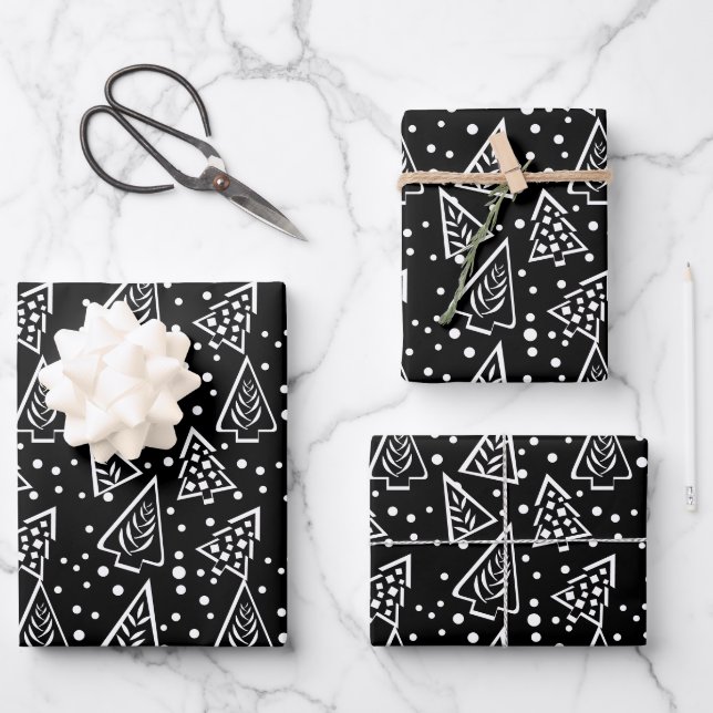 Black and white abstract Christmas trees holiday Wrapping Paper Sheet (Front)