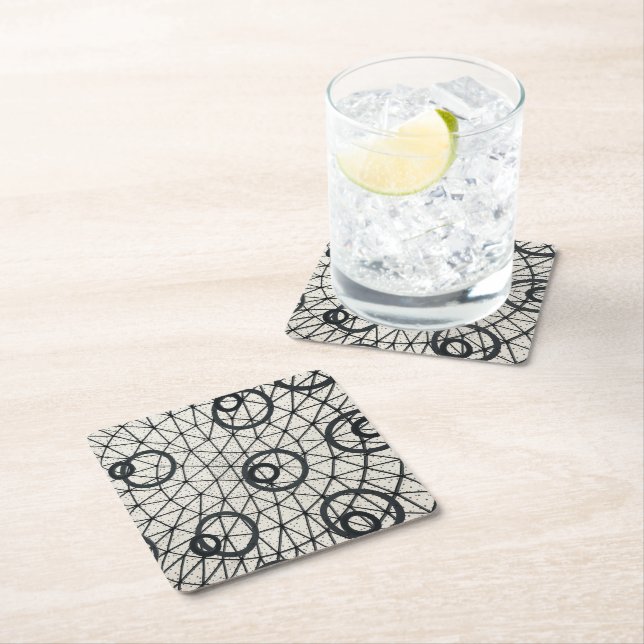 Black and White Abstract Circles Square Paper Coaster (Insitu)