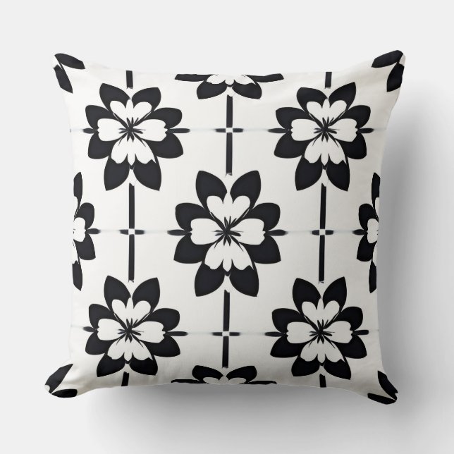 Black and White Abstract Floral Pattern Cushion (Front)