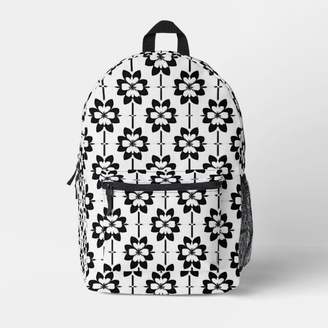 Black and White Abstract Floral Pattern Printed Backpack (Front)
