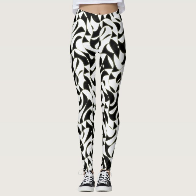Black and White Abstract Fractal Pattern Leggings (Front)