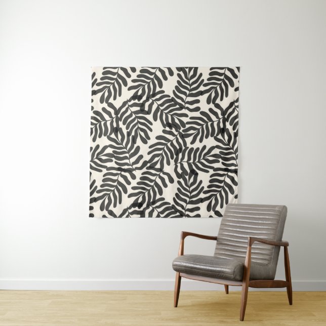 Black and white abstract leaves pattern tapestry (In Situ)