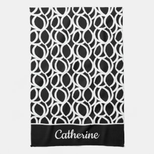 Black and White Abstract Pattern Custom Name Tea Towel