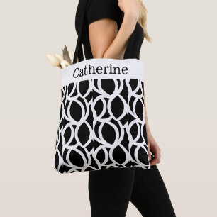 Black and White Abstract Pattern Name Tote Bag