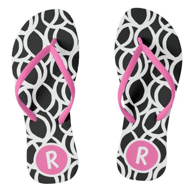 Black and White Abstract Pattern Pink Monogram Jandals (Footbed)
